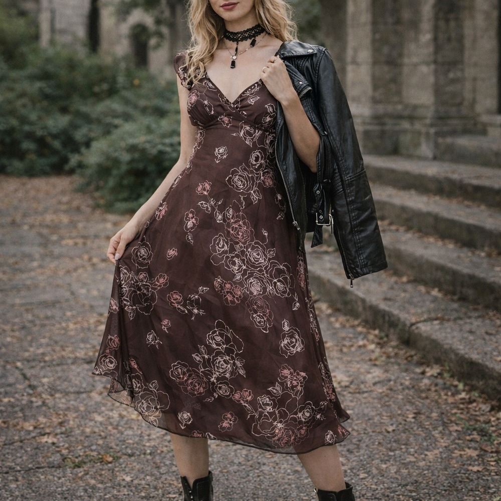 Vintage Y2K Brown Floral Midi Dress‎ Whimsigoth Dark Fairy Grunge Size 12